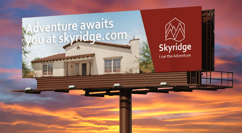 This image showcases a billboard one would see on the side of the road
		as they're driving. The background is a cloudy sunset that goes from a dark blue on top
		to a bright orangeish-yellow towards the bottom.
		
		The actual billboard's image contains an image with a tagline, and Skyridge's
		logo. 
		
		The image takes up three quarters or so of the billboard. It shows a white house 
		with reddish tiling on top. Towards the top left of the image is a tagline in large,
		white text with a drop shadow that states: Adventure awaits you at skyridge.com.
		The right side of the image's border looks diagonal. 
		
		Next to the image is a maroon-like red shape. This shape contains Skyridge's logo,
		only it's all white so it stands out from the background.